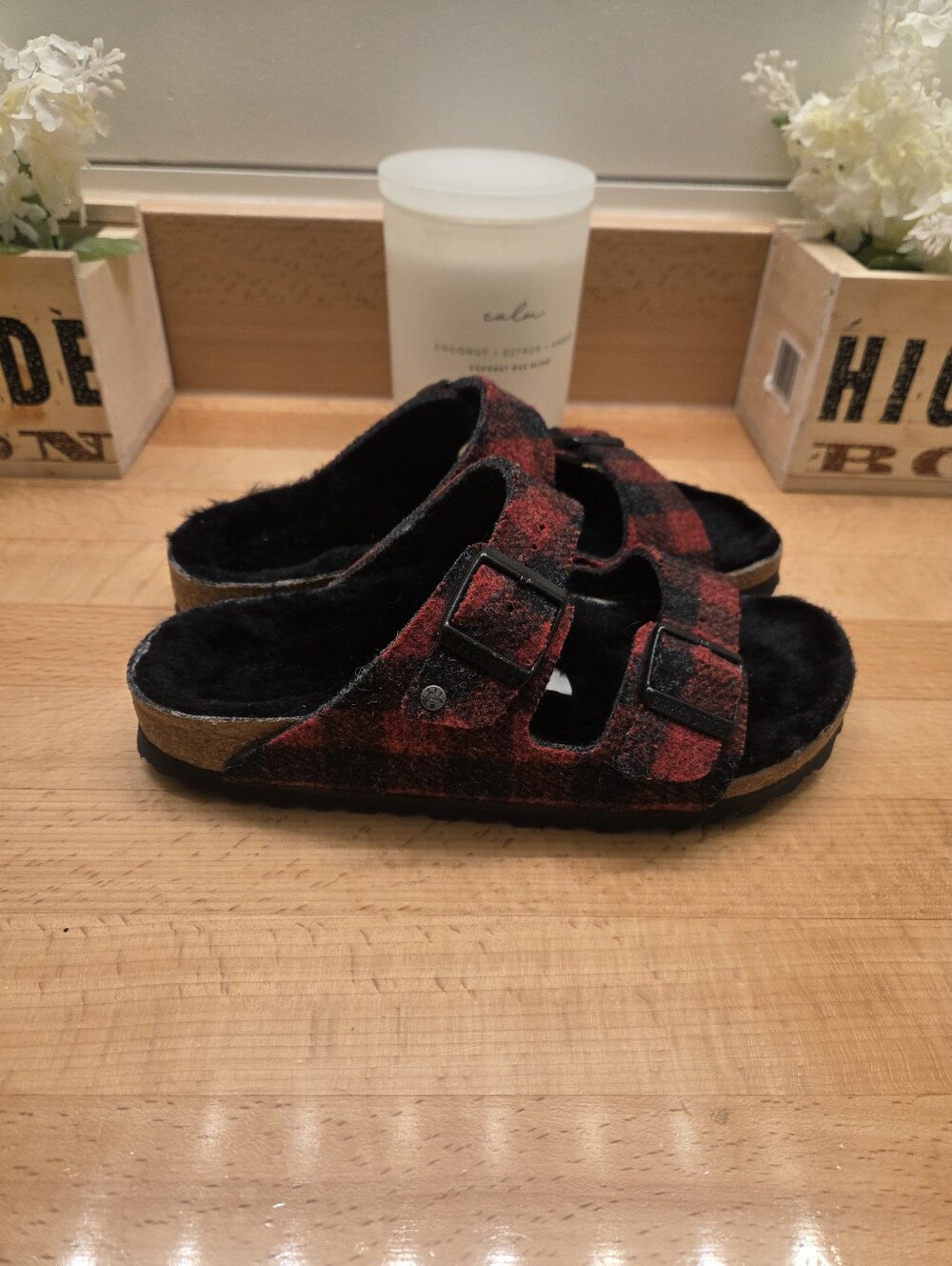 Birkenstock Arizona Shearling Sandals  Red/Black Plaid Women's Sz EU 36